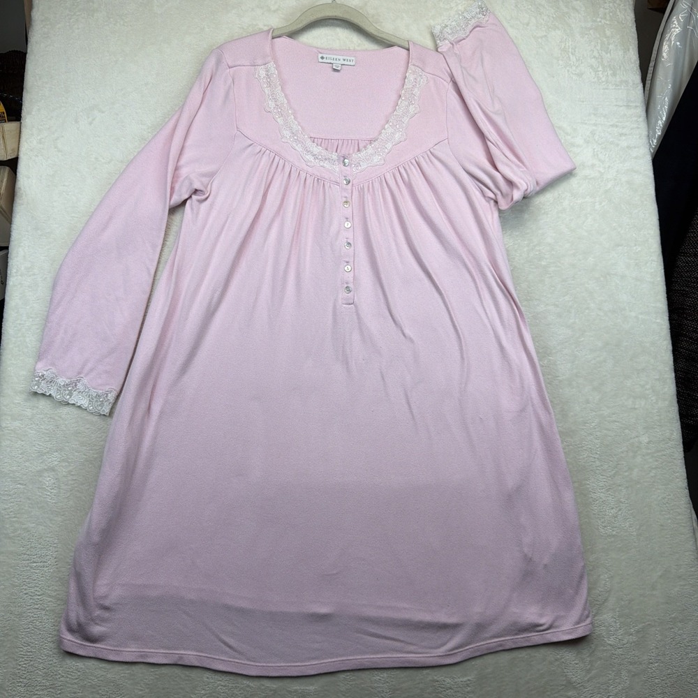 Eileen West Pink Modal Waltz Nightgown Lace Long Sleeve Button Front Medium